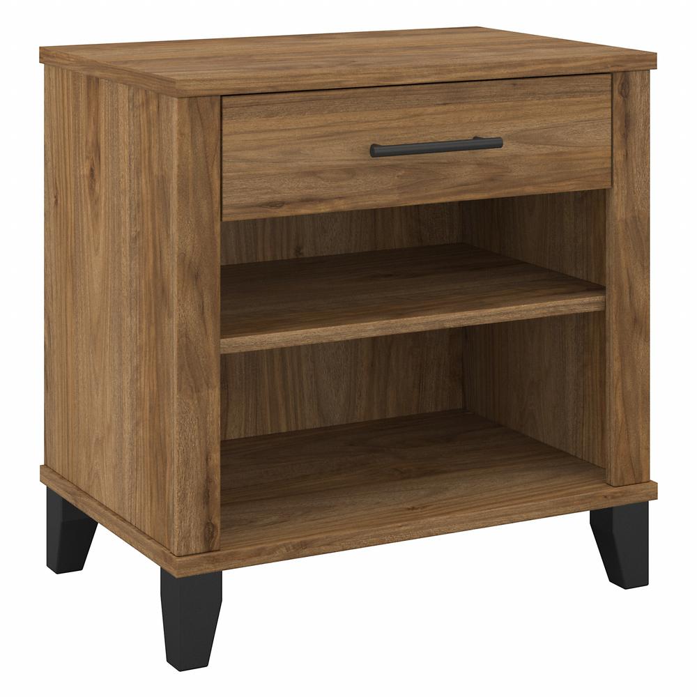 Bush Furniture Somerset Nightstand with Drawer and Shelves, Fresh Walnut. Picture 1