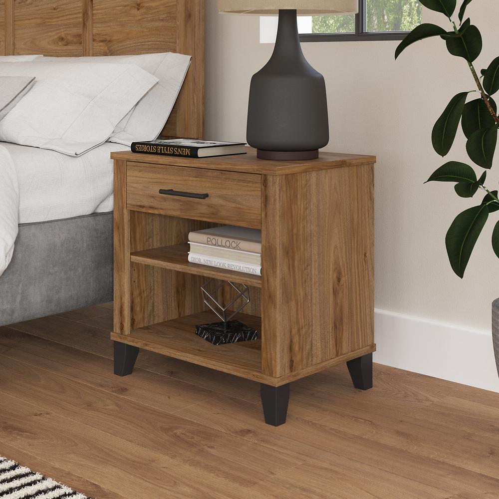 Bush Furniture Somerset Nightstand with Drawer and Shelves, Fresh Walnut. Picture 4