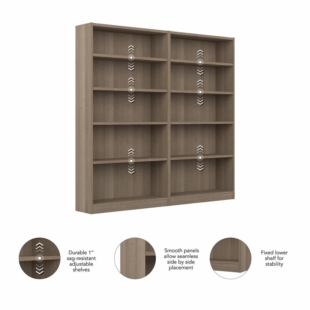 Bush Furniture Universal Tall 5 Shelf Bookcase - Set of 2, Ash Gray. Picture 3