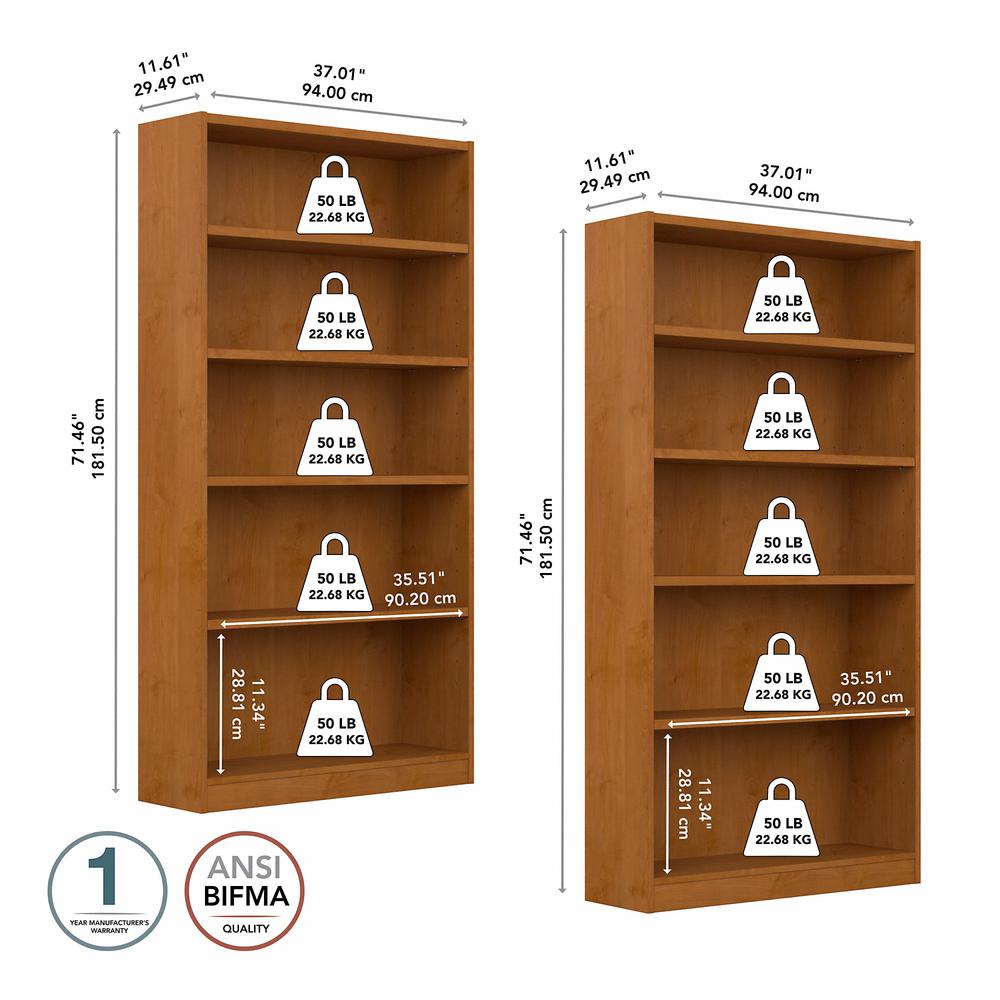Bush Furniture Universal Tall 5 Shelf Bookcase in Natural Cherry - Set of 2. Picture 6