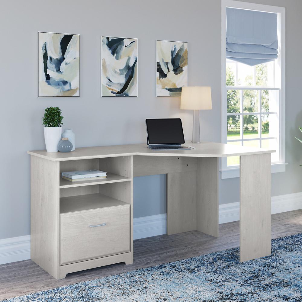 Bush Furniture Cabot 60W Corner Desk with Storage in Linen White Oak. Picture 2