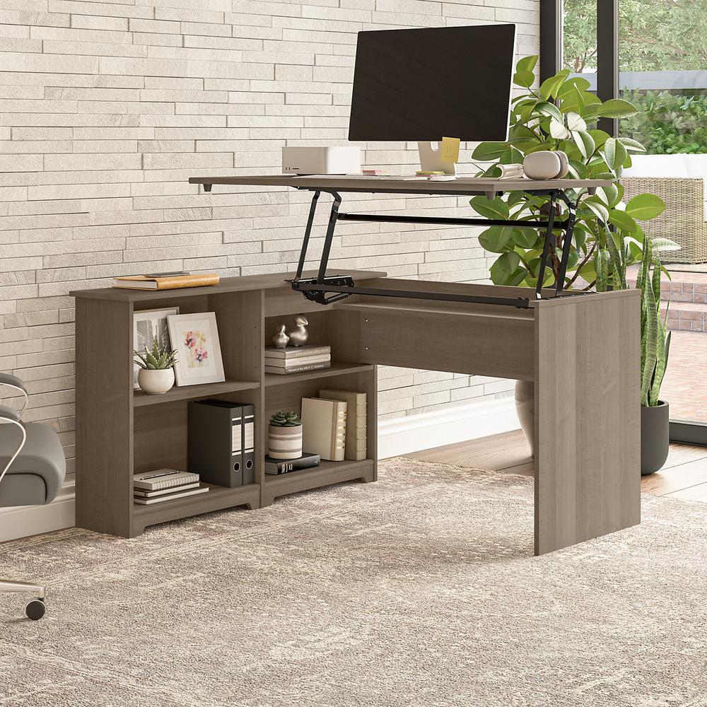 Bush Furniture Cabot 52W 3 Position Sit to Stand Corner Desk with Shelves, Ash Gray. Picture 2