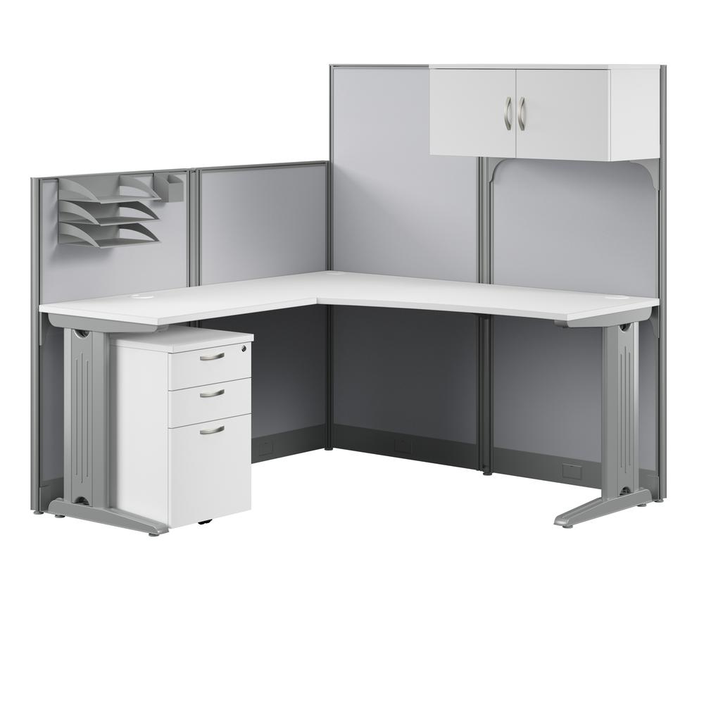 65W L Shaped Cubicle Desk with Storage, Drawers, and Organizers in Pure White. Picture 1