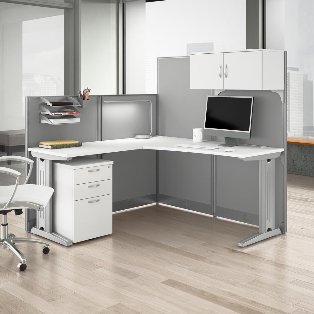 65W L Shaped Cubicle Desk with Storage, Drawers, and Organizers in Pure White. Picture 7