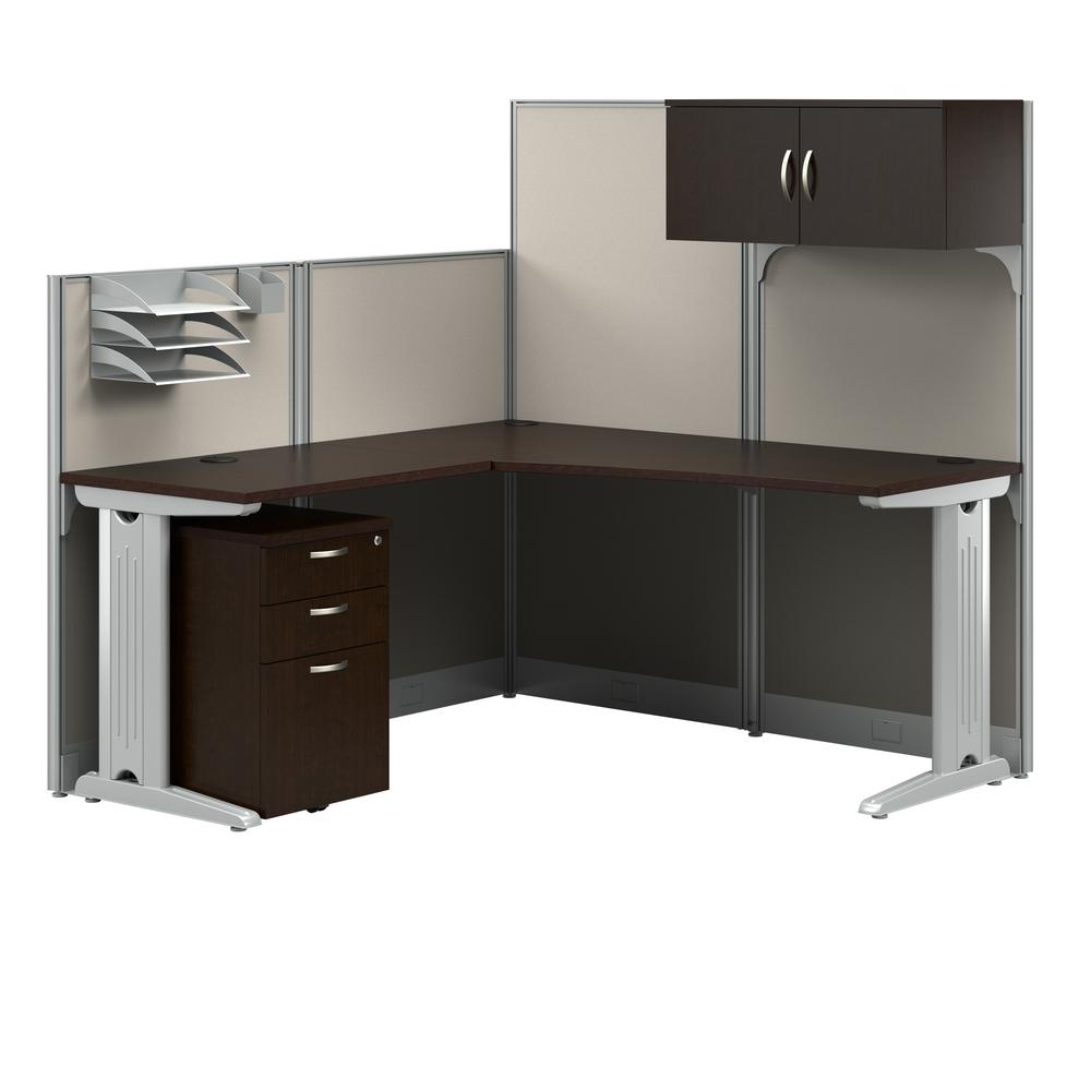 65W L Shaped Cubicle Desk with Storage, Drawers, and Organizers in Mocha Cherry. Picture 1