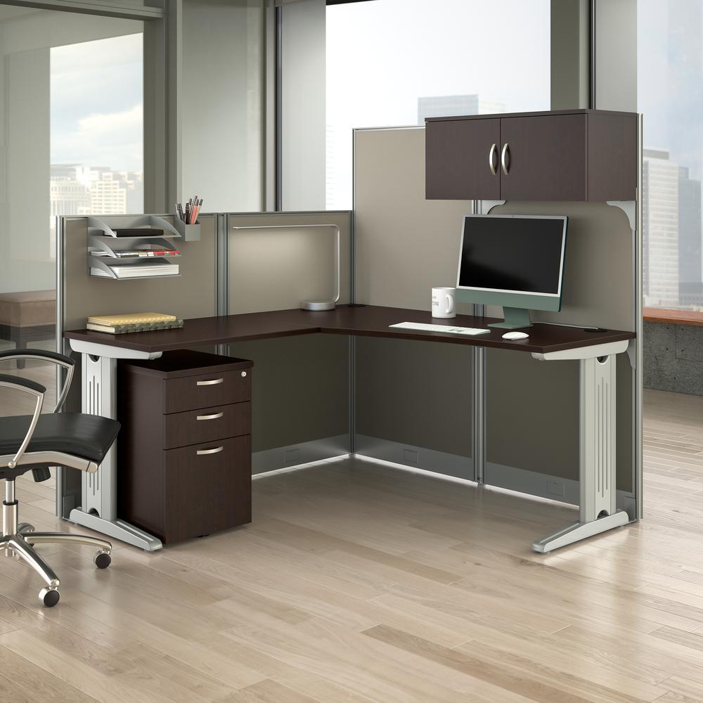 65W L Shaped Cubicle Desk with Storage, Drawers, and Organizers in Mocha Cherry. Picture 7