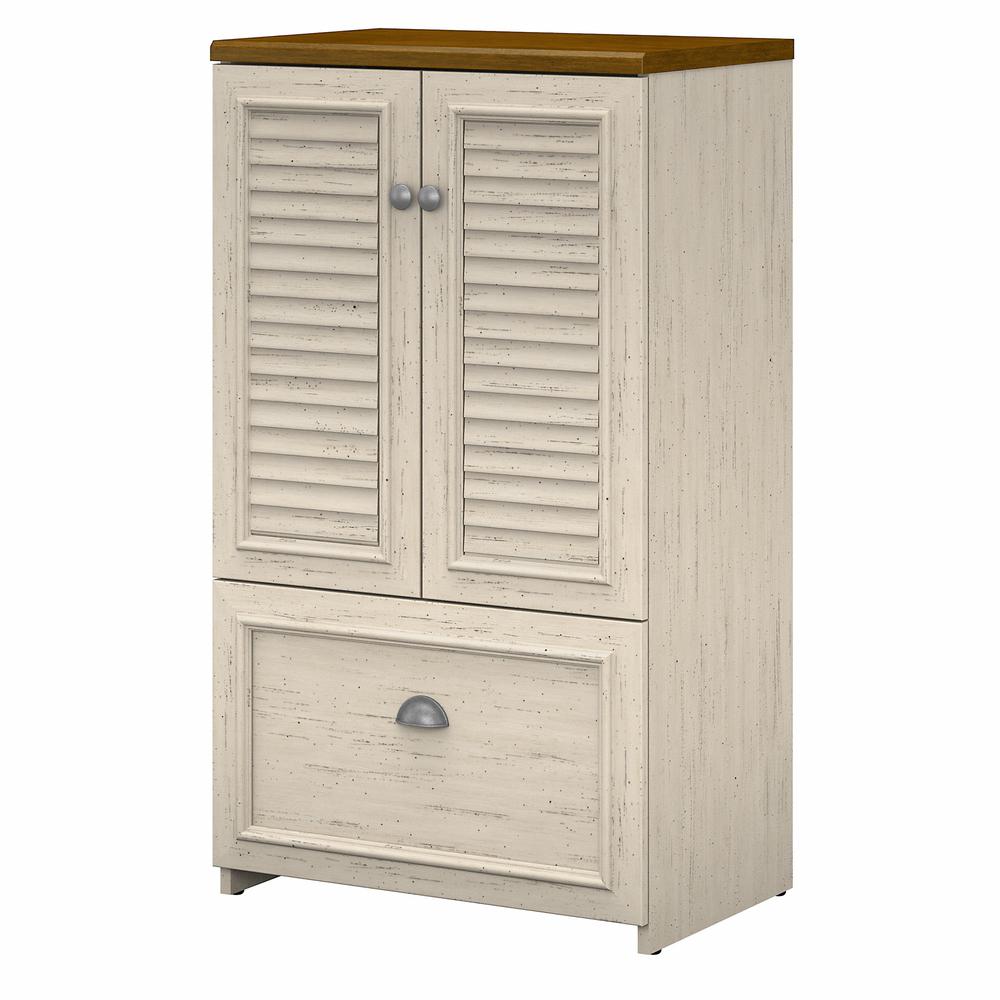 Bush Furniture Fairview 2 Door Storage Cabinet with File Drawer, Antique White/Tea Maple. Picture 1