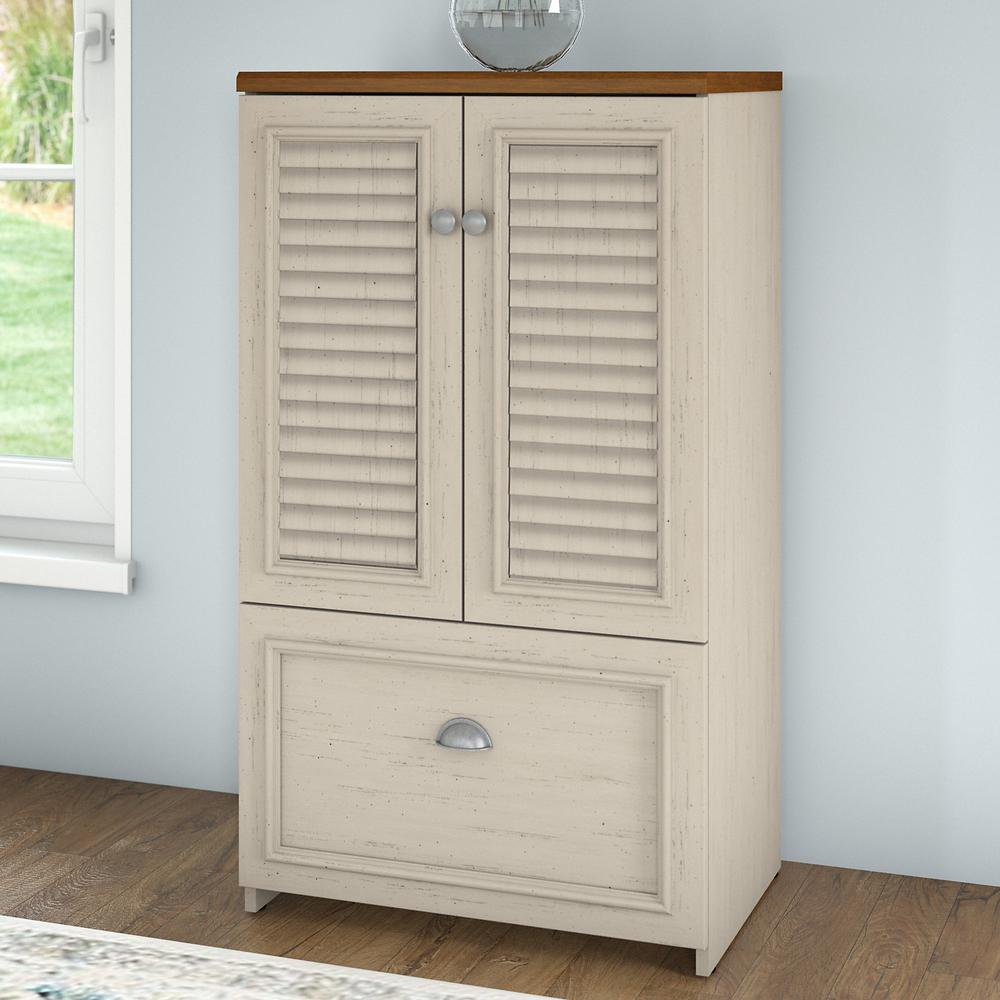 Bush Furniture Fairview 2 Door Storage Cabinet with File Drawer, Antique White/Tea Maple. Picture 2