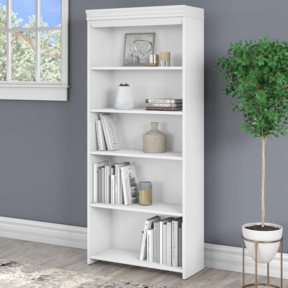 Bush Furniture Fairview Tall 5 Shelf Bookcase in Pure White and Shiplap Gray. Picture 2