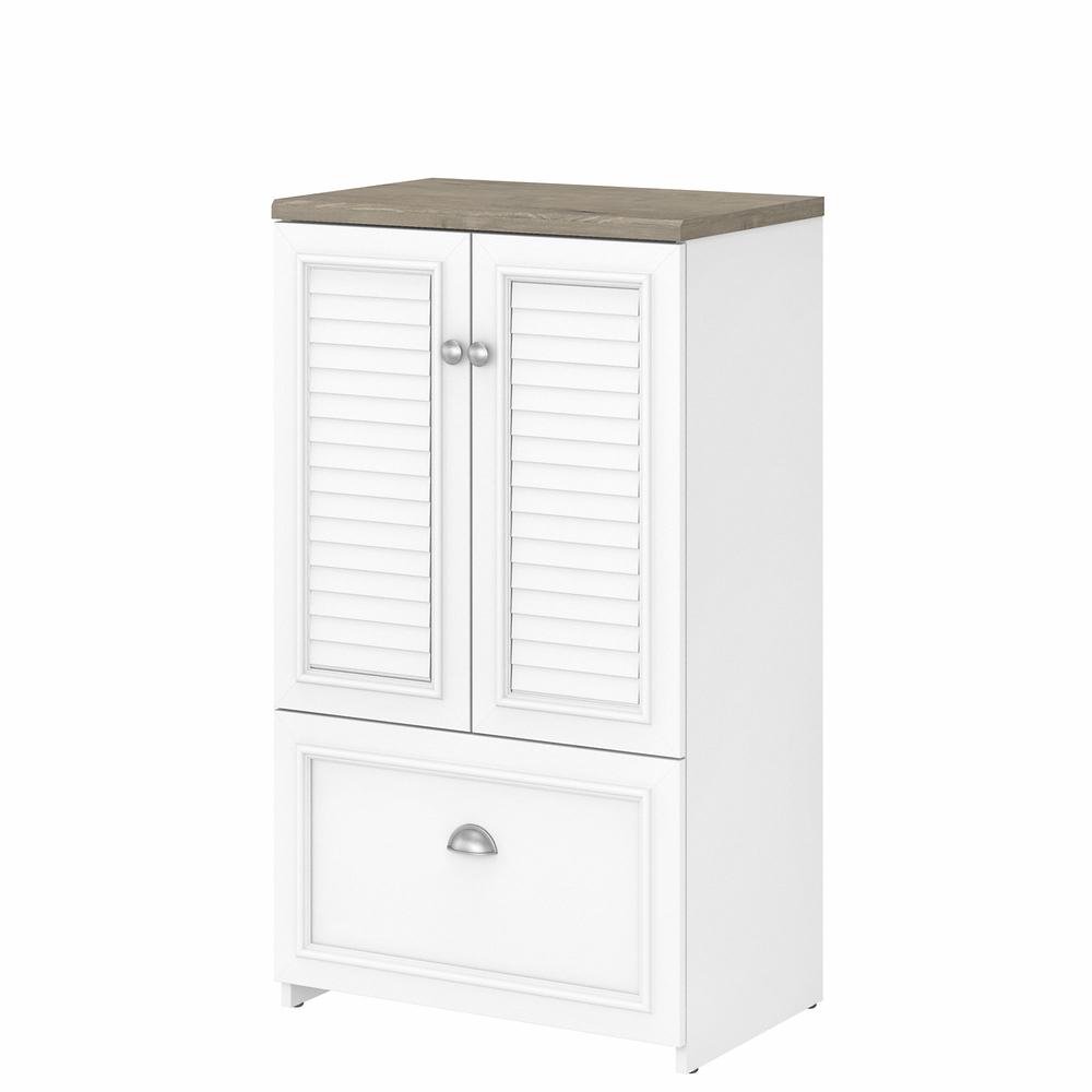 Bush Furniture Fairview 2 Door Storage Cabinet with File Drawer, Shiplap Gray/Pure White. Picture 1