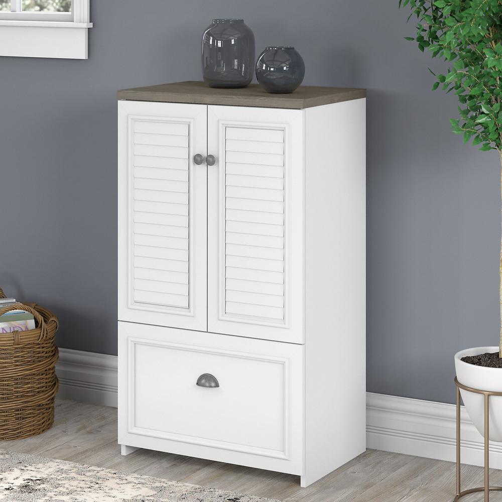 Bush Furniture Fairview 2 Door Storage Cabinet with File Drawer, Shiplap Gray/Pure White. Picture 2