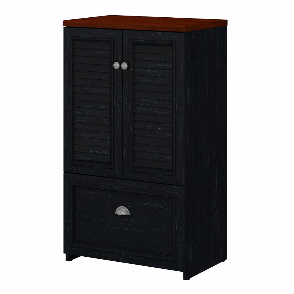 Bush Furniture Fairview 2 Door Storage Cabinet with File Drawer, Antique Black/Hansen Cherry. Picture 1