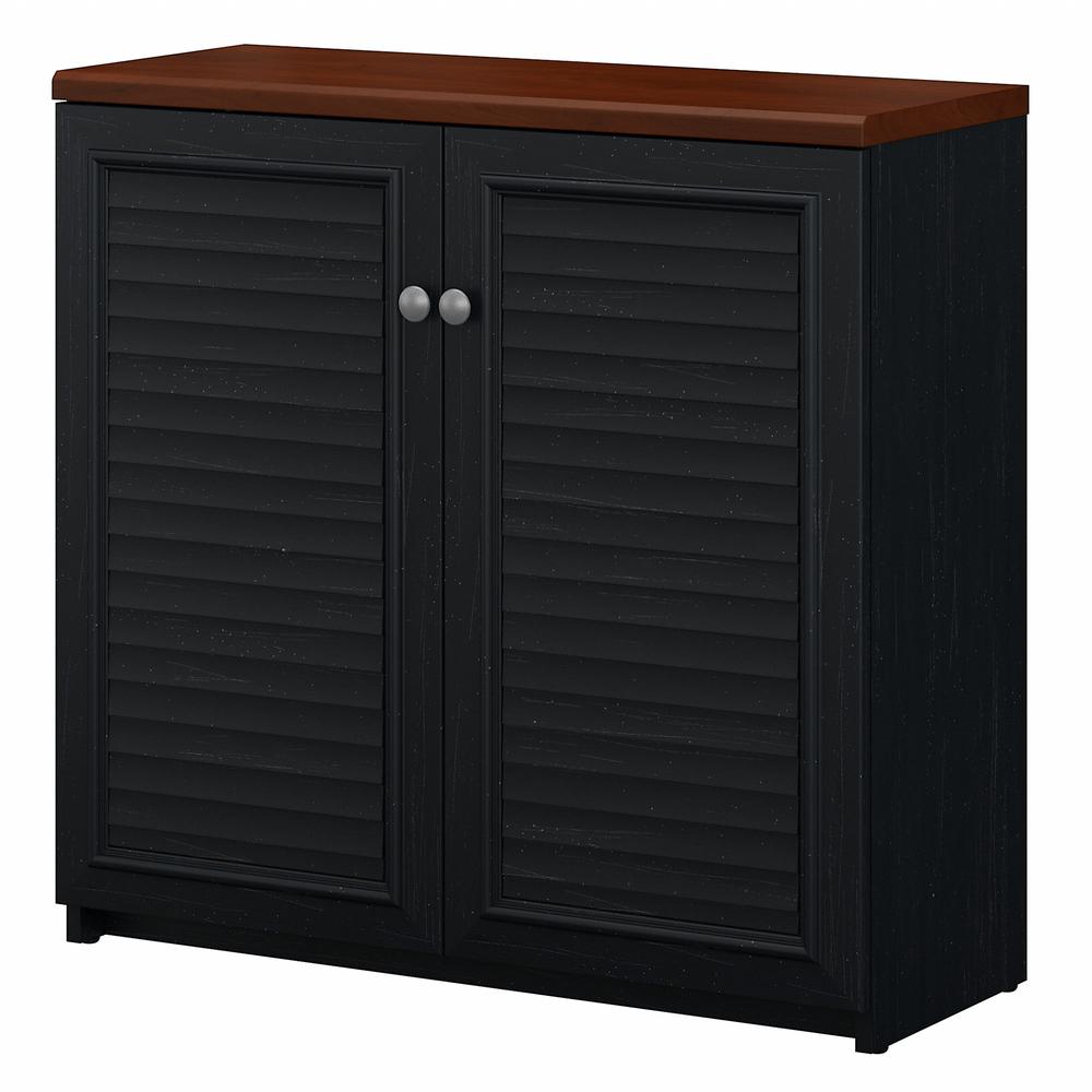Bush Furniture Fairview Small Storage Cabinet with Doors and Shelves, Antique Black/Hansen Cherry. Picture 1