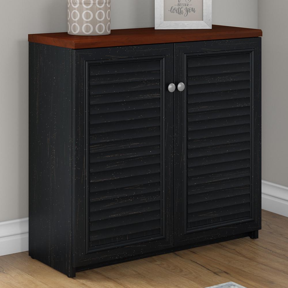 Bush Furniture Fairview Small Storage Cabinet with Doors and Shelves, Antique Black/Hansen Cherry. Picture 2