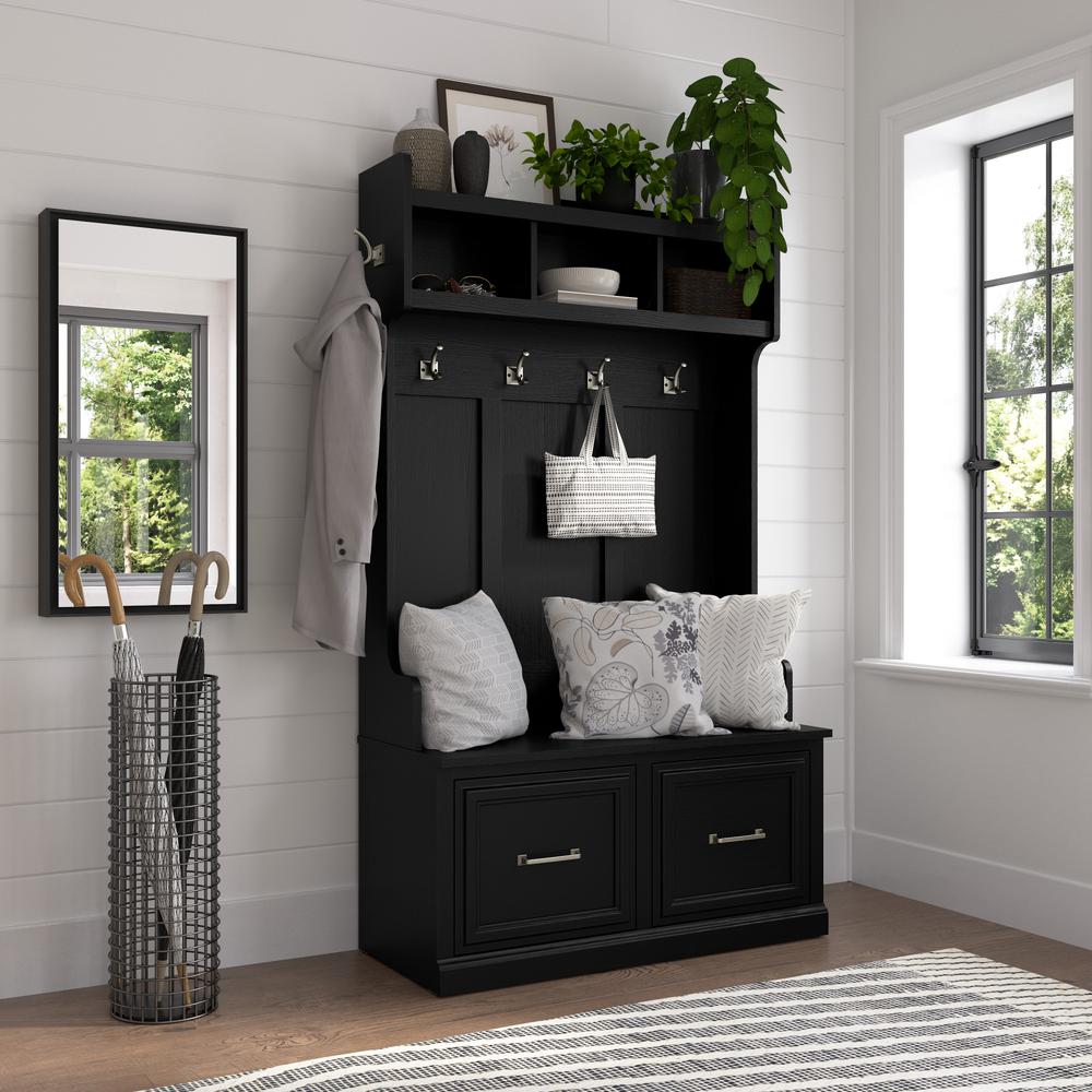 40W Hall Tree and Shoe Storage Bench with Doors in Black Suede Oak. Picture 8