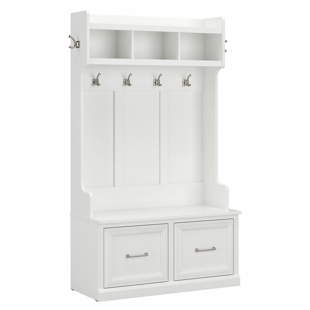 Woodland 40W Hall Tree and Shoe Storage Bench with Doors in White Ash. Picture 1