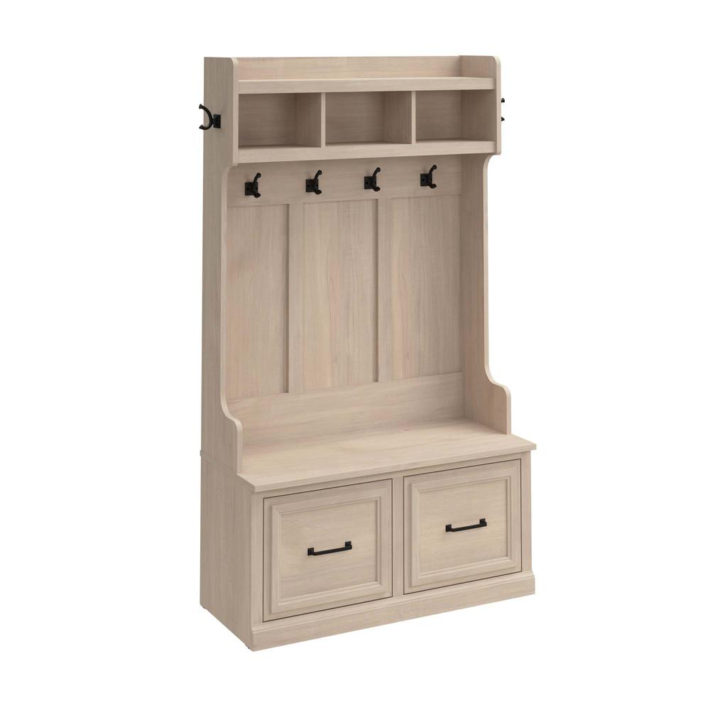 Woodland 40W Hall Tree and Shoe Storage Bench with Doors in White Washed Maple. Picture 1