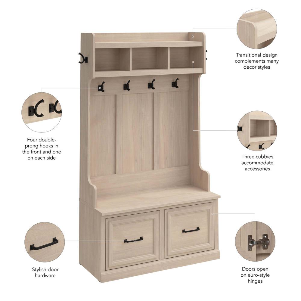 Woodland 40W Hall Tree and Shoe Storage Bench with Doors in White Washed Maple. Picture 6