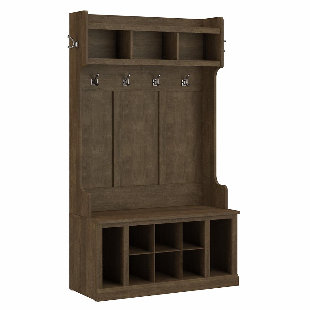 Woodland 40W Hall Tree and Shoe Storage Bench with Shelves in Ash Brown. Picture 1