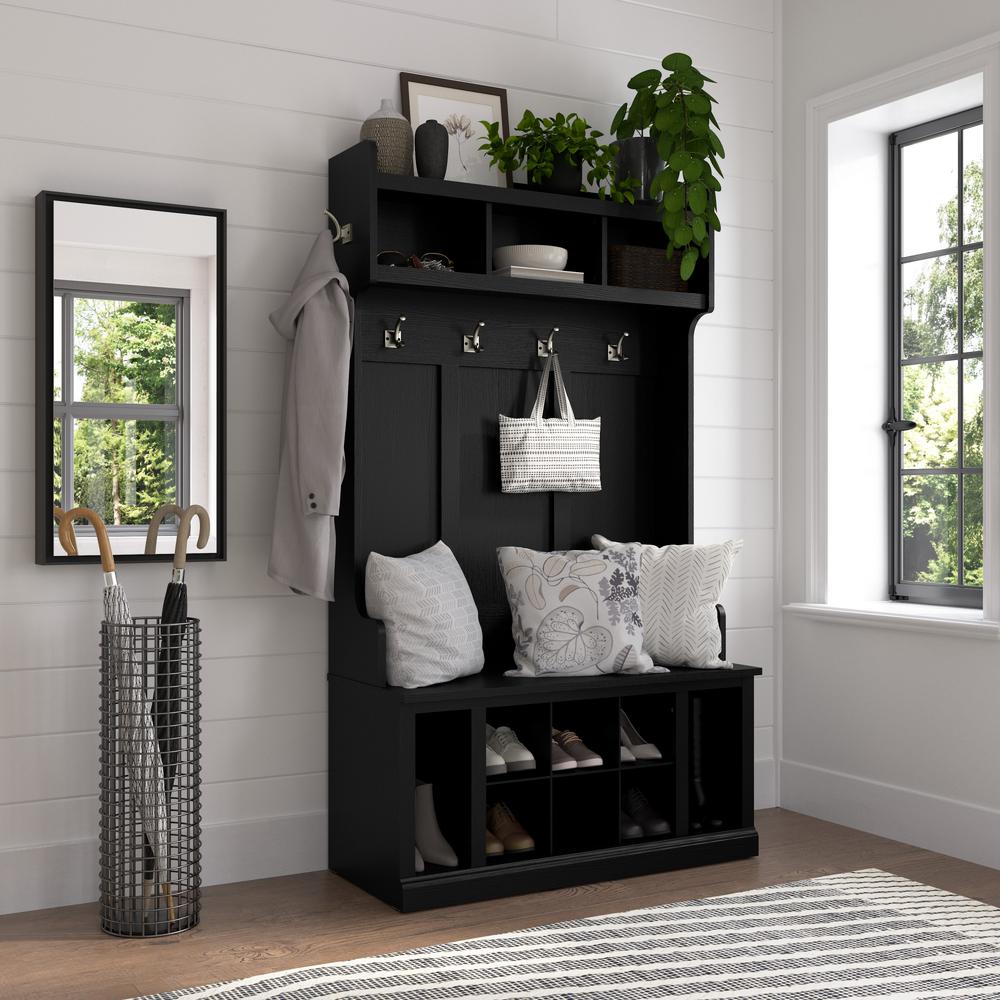 40W Hall Tree and Shoe Storage Bench with Shelves in Black Suede Oak. Picture 8