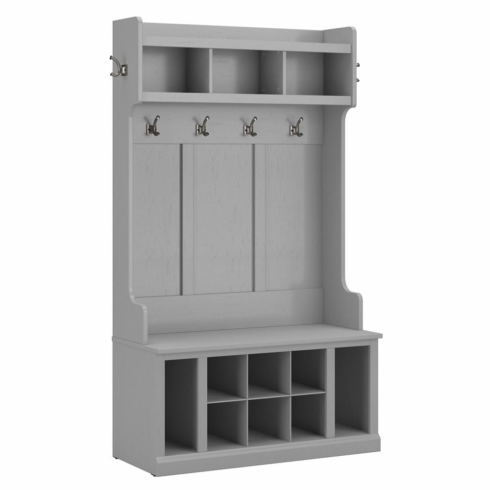 Woodland 40W Hall Tree and Shoe Storage Bench with Shelves in Cape Cod Gray. Picture 1