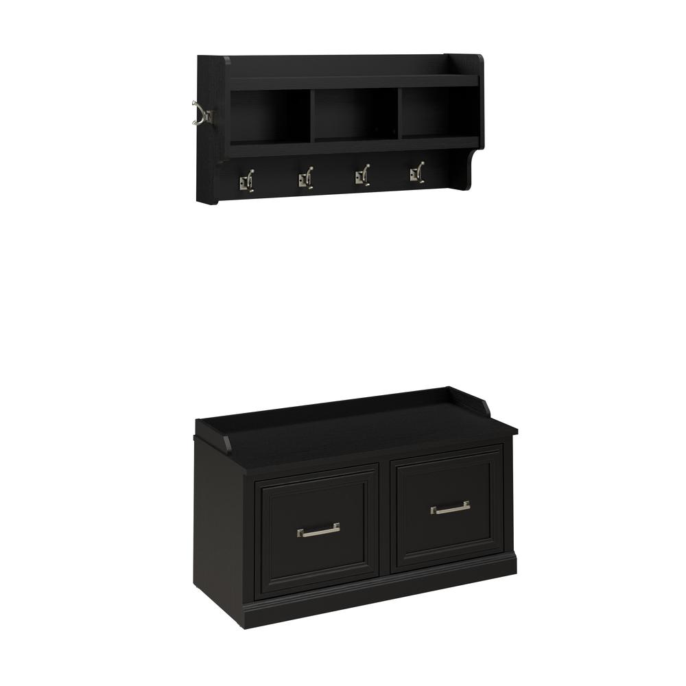 40W Shoe Storage Bench with Doors and Wall Mounted Coat Rack in Black Suede Oak. Picture 1