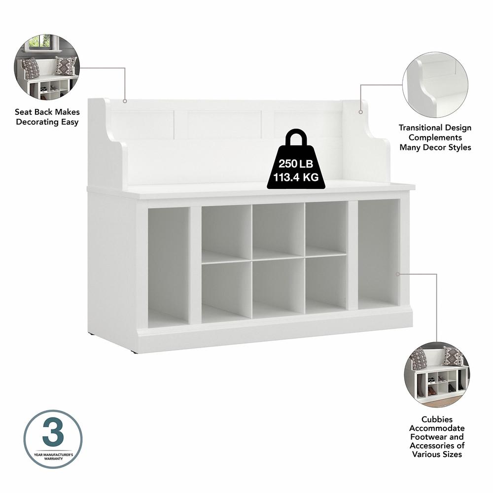 Kathy Ireland Home by Bush Furniture Woodland 40W Entryway Bench with Shelves and Wall Mounted Coat Rack in White Ash