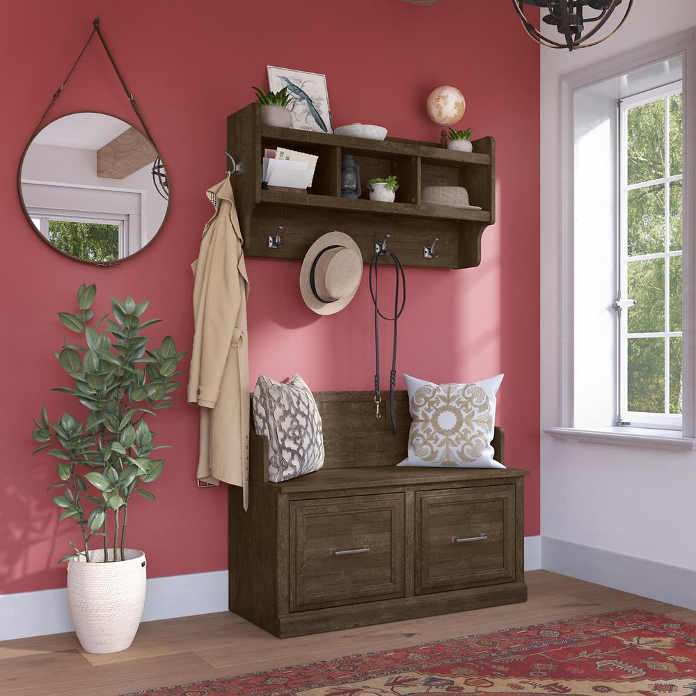 Woodland 40W Entryway Bench with Doors and Wall Mounted Coat Rack in Ash Brown. Picture 2