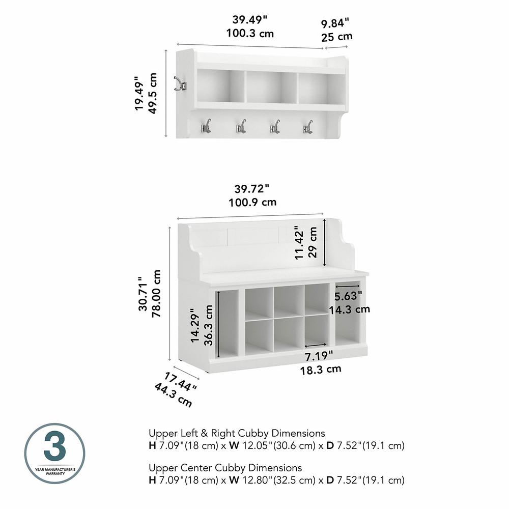 Kathy Ireland Home by Bush Furniture Woodland 40W Entryway Bench with Doors and Wall Mounted Coat Rack in White Ash