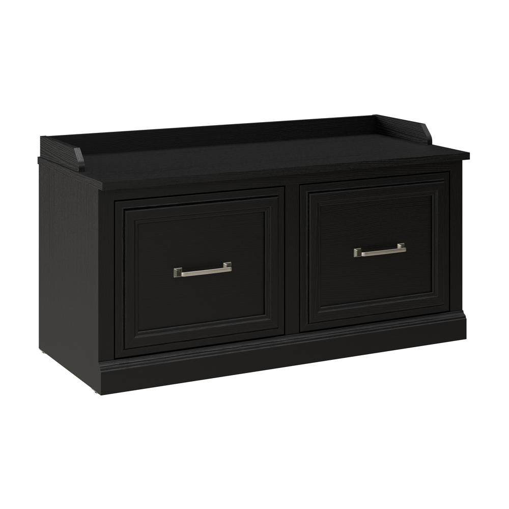 Bush Furniture Woodland 40W Shoe Storage Bench with Doors in Black Suede Oak. Picture 2