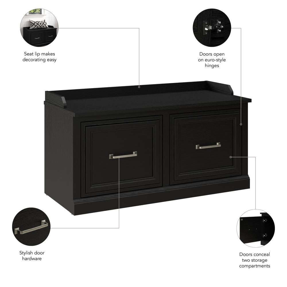 Bush Furniture Woodland 40W Shoe Storage Bench with Doors in Black Suede Oak. Picture 7