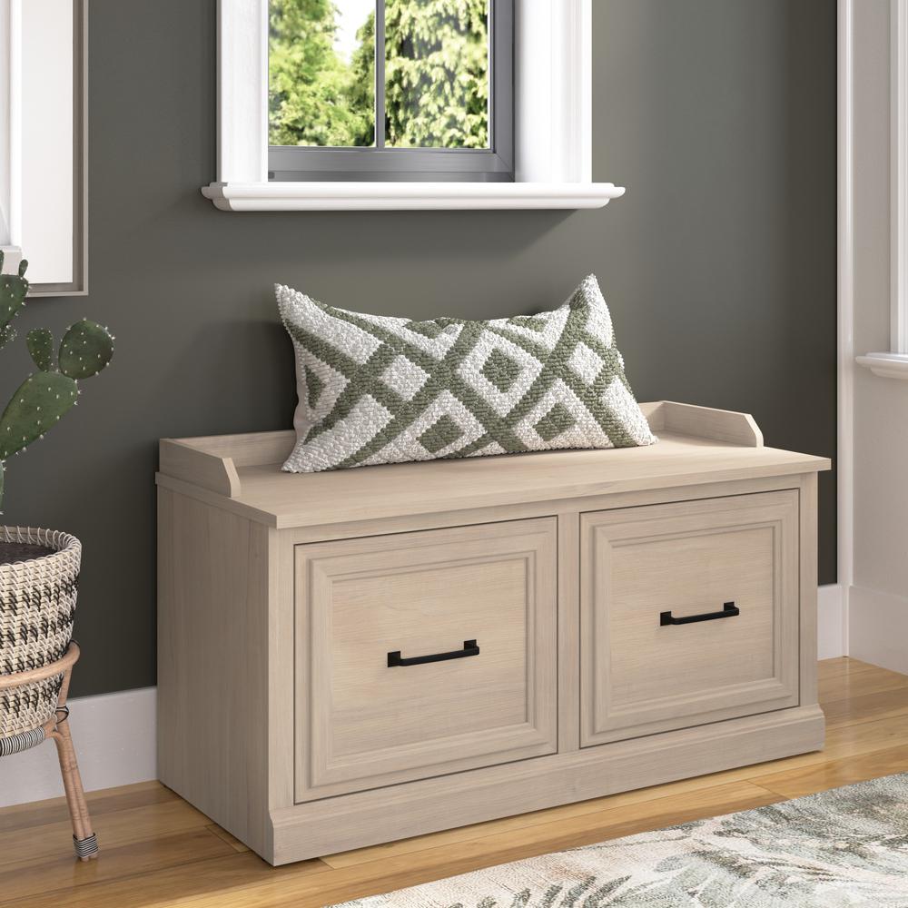 Bush Furniture Woodland 40W Shoe Storage Bench with Doors in White Washed Maple. Picture 9