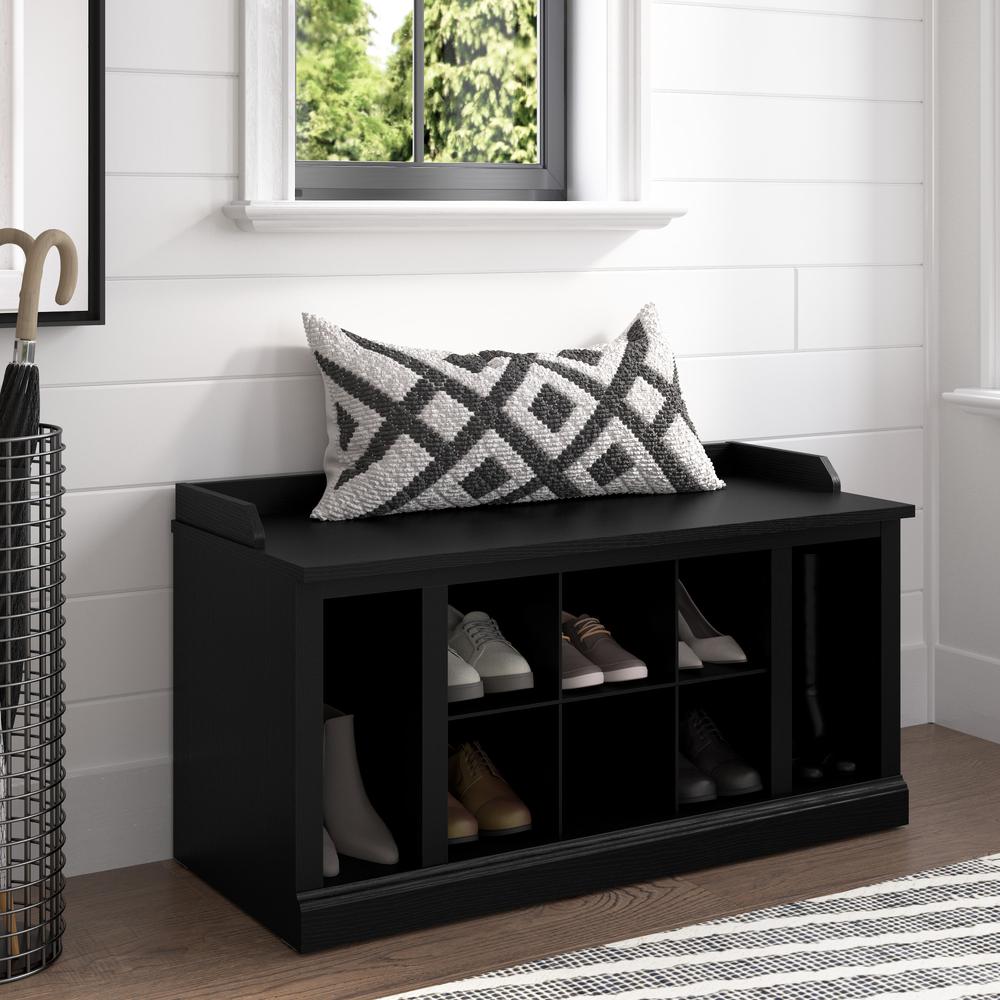 Bush Furniture Woodland 40W Shoe Storage Bench with Shelves in Black Suede Oak. Picture 8