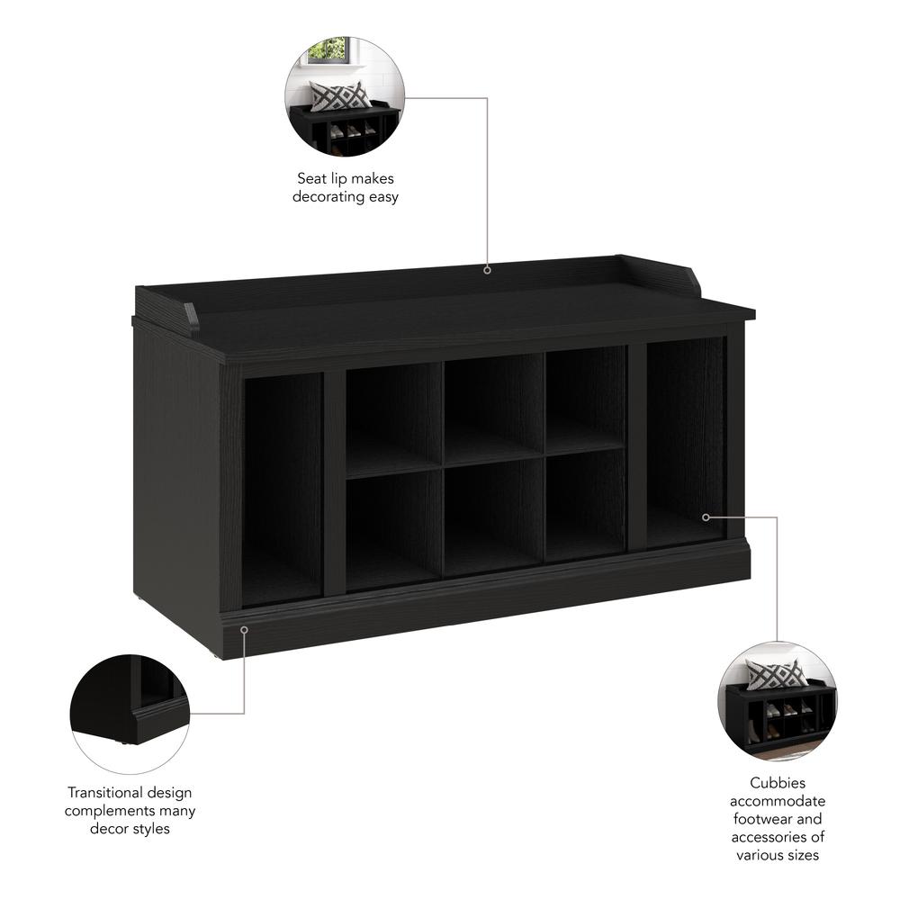 Bush Furniture Woodland 40W Shoe Storage Bench with Shelves in Black Suede Oak. Picture 6