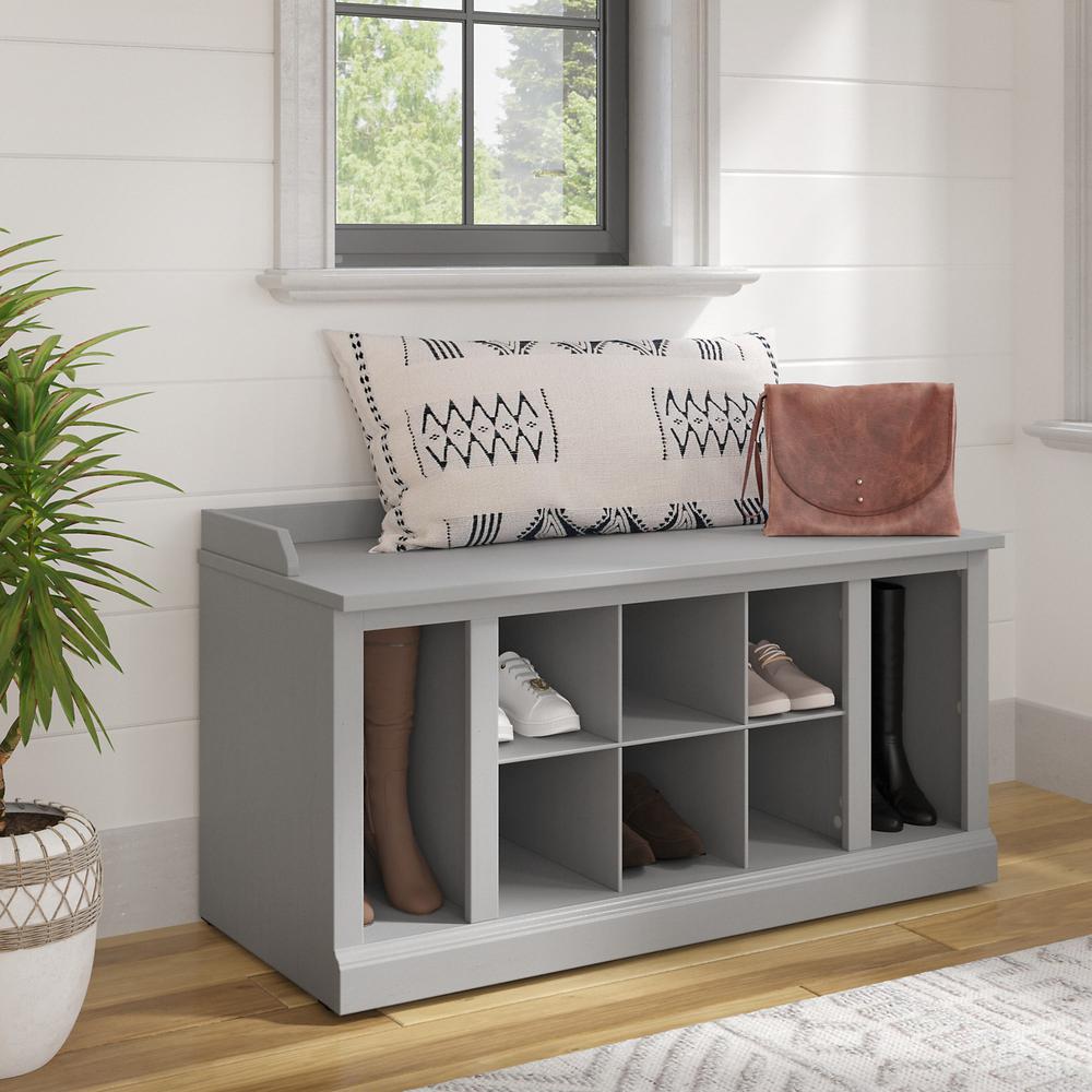 Woodland 40W Shoe Storage Bench with Shelves in Cape Cod Gray. Picture 2