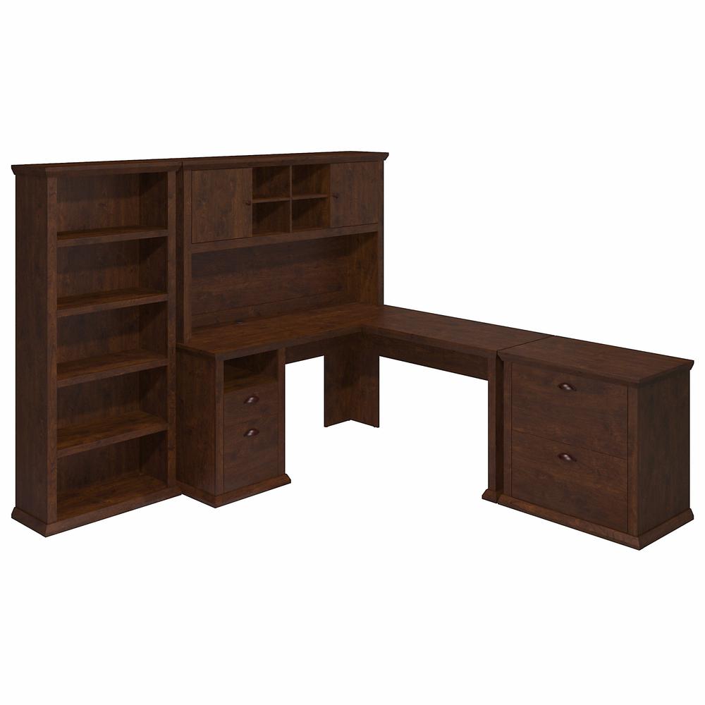 Bush Furniture Yorktown 60W L Shaped Desk with Hutch, Lateral File Cabinet and 5 Shelf Bookcase, Antique Cherry. Picture 1