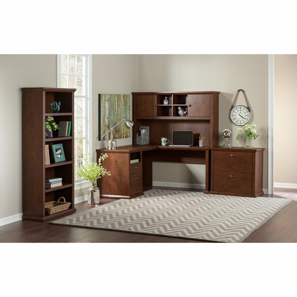 Bush Furniture Yorktown 60W L Shaped Desk with Hutch, Lateral File Cabinet and 5 Shelf Bookcase, Antique Cherry. Picture 2