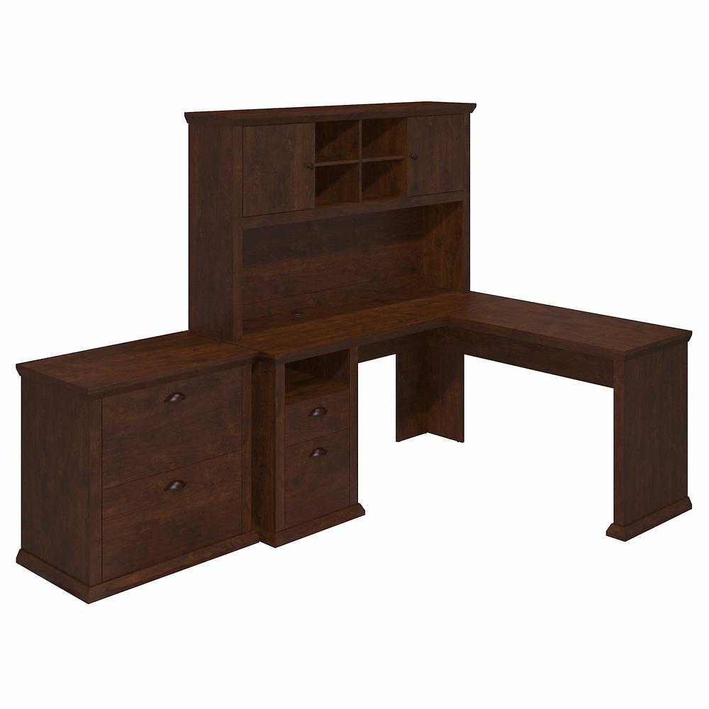 Bush Furniture Yorktown 60W L Shaped Desk with Hutch and Lateral File Cabinet, Antique Cherry. Picture 1