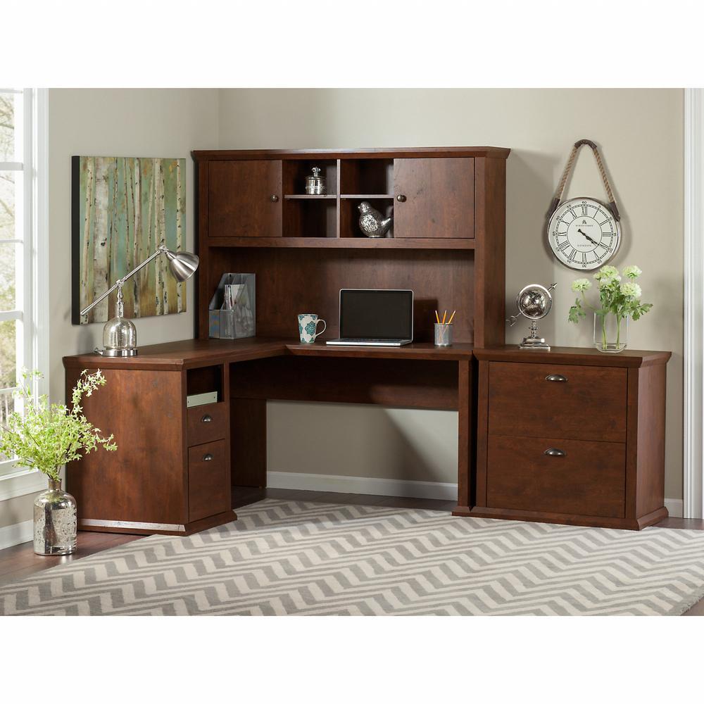 Bush Furniture Yorktown 60W L Shaped Desk with Hutch and Lateral File Cabinet, Antique Cherry. Picture 2