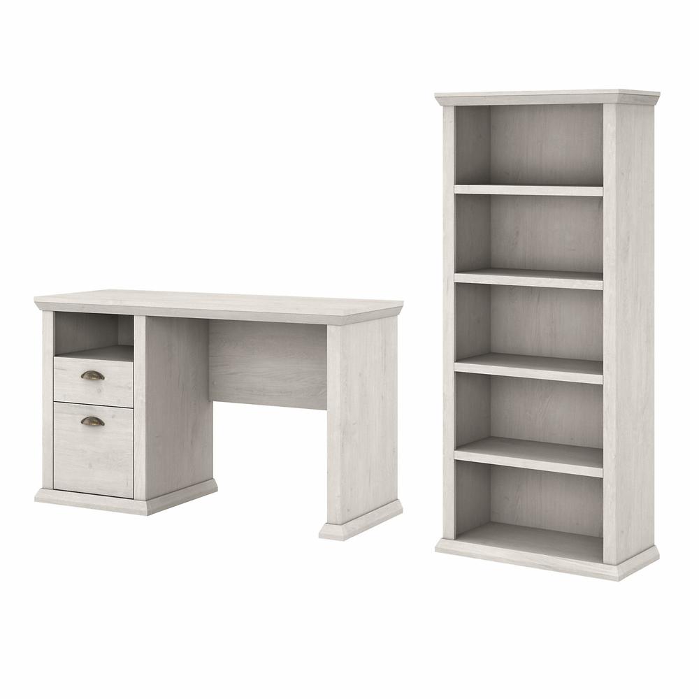 Bush Furniture Yorktown 50W Home Office Desk with 5 Shelf Bookcase, Linen White Oak. Picture 1