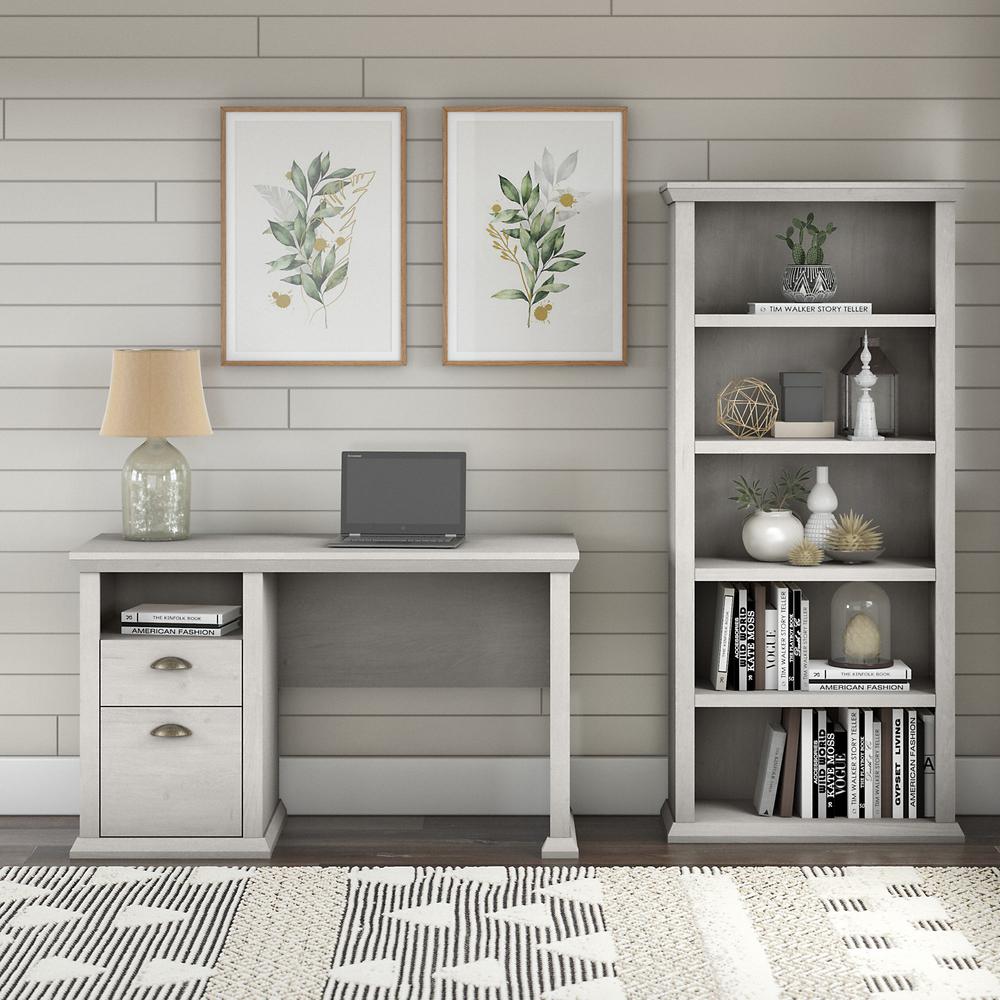 Bush Furniture Yorktown 50W Home Office Desk with 5 Shelf Bookcase, Linen White Oak. Picture 2