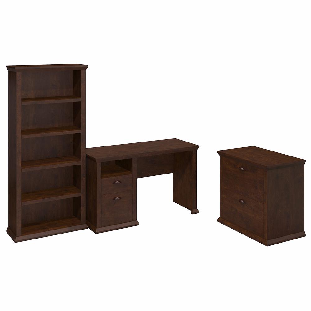 Bush Furniture Yorktown 50W Home Office Desk with Lateral File Cabinet and 5 Shelf Bookcase, Antique Cherry. Picture 1