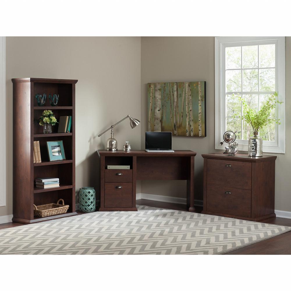 Bush Furniture Yorktown 50W Home Office Desk with Lateral File Cabinet and 5 Shelf Bookcase, Antique Cherry. Picture 2