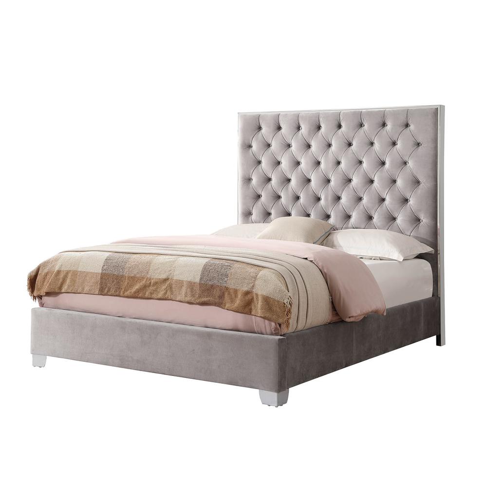 King Upholstered Bed with Velvet Fabric, Chrome Trim, Button Tufted Headboard. Picture 1