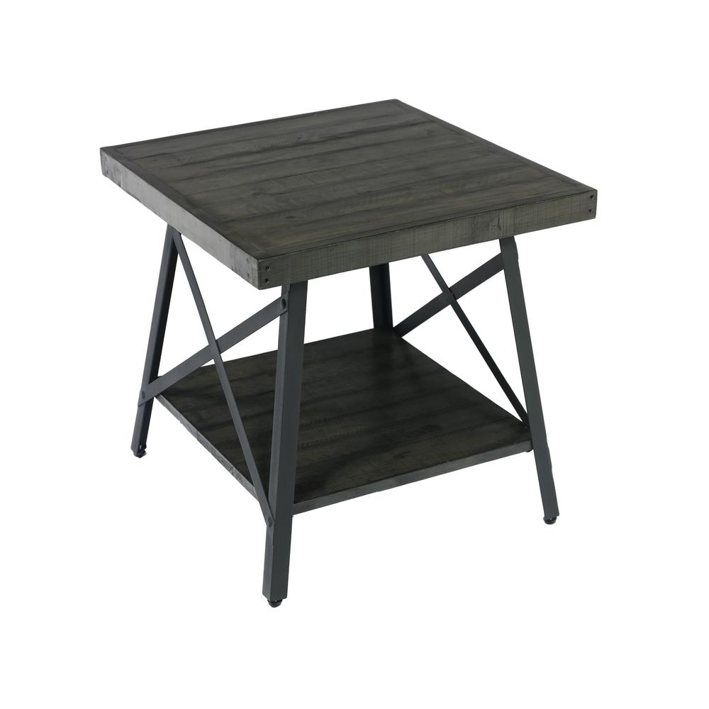 Gray 24" End Table with Solid Wood Top, Metal Base, And Open Storage Shelf. Picture 3