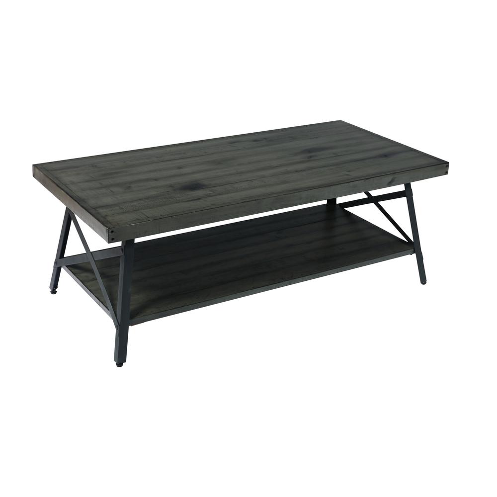 Gray 48" Coffee Table with Solid Wood Top, Metal Base, And Open Storage Shelf. Picture 1