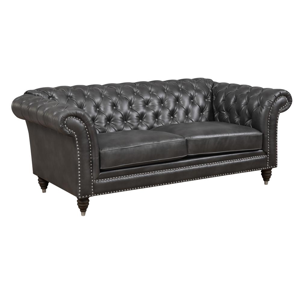 Loveseat with Faux Leather Upholstery, Nailhead Trim, And Rolled Arms. Picture 1
