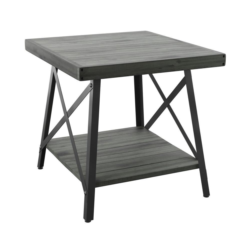Gray 24" End Table with Solid Wood Top, Metal Base, And Open Storage Shelf. Picture 1