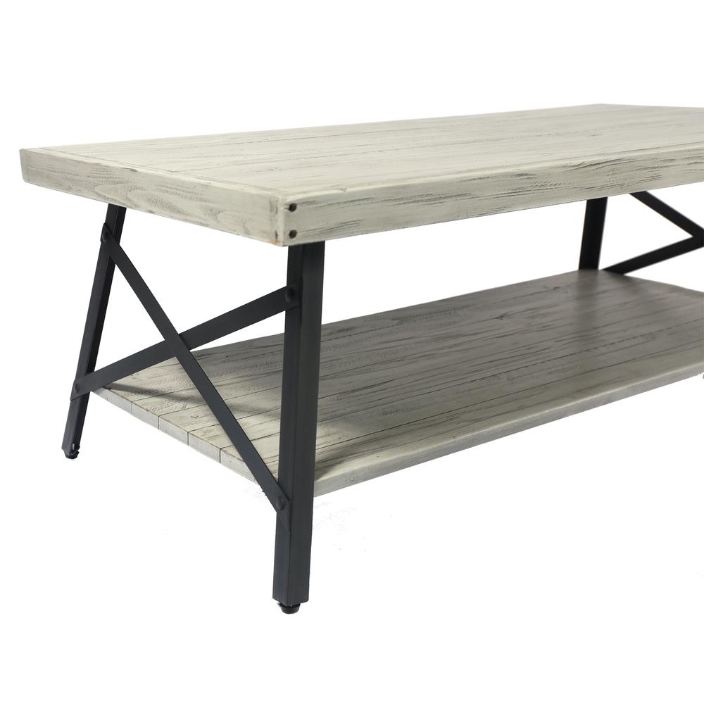 Gray 48" Coffee Table with Solid Wood Top, Metal Base, And Open Storage Shelf. Picture 3