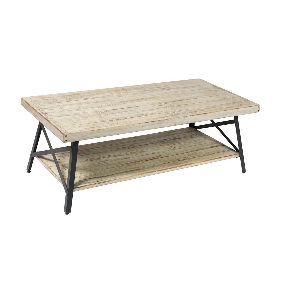 Gray 48" Coffee Table with Solid Wood Top, Metal Base, And Open Storage Shelf. Picture 1